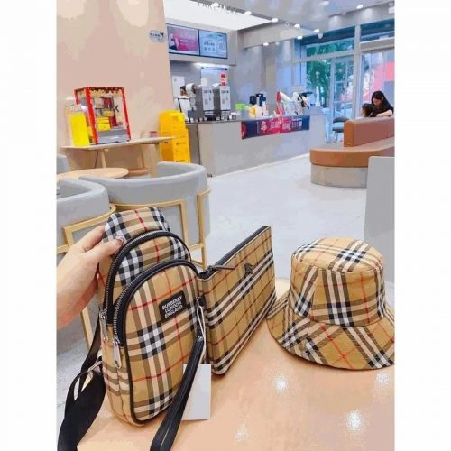 Burberry Check Print Classic Crossbody Bag Pouch and Bucket Hat Beige