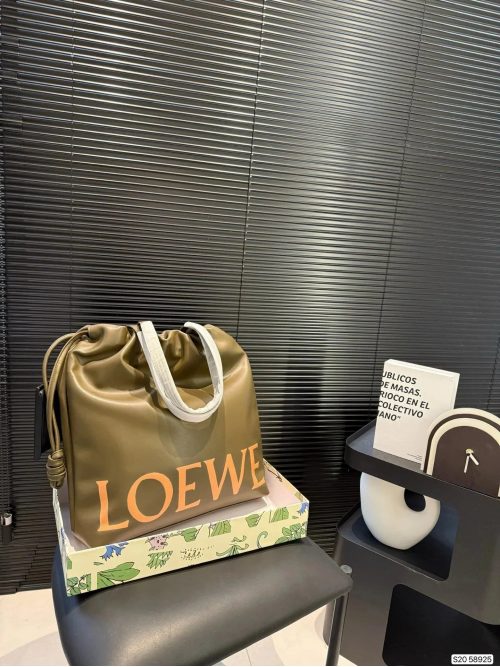 Loewe Flamenco Soft Leather Drawstring Tote Bag Olive