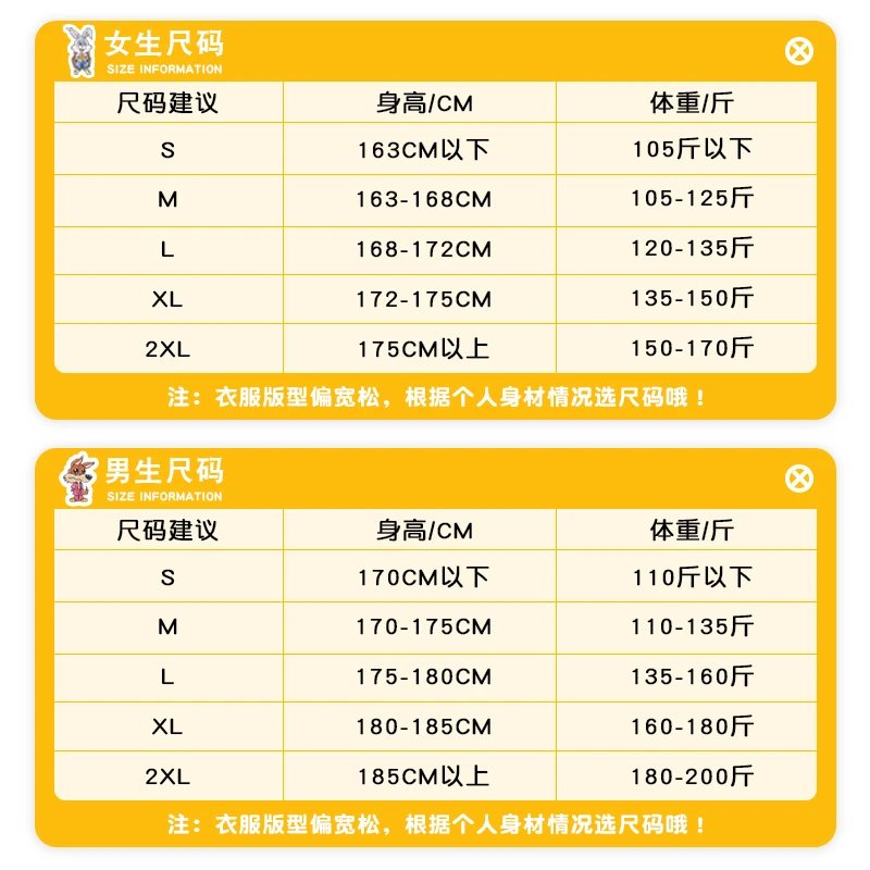 男女尺码推荐参考图