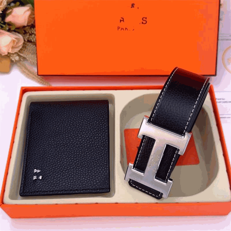Hermes H Buckle Belt and Wallet Set Leather Accessories Black