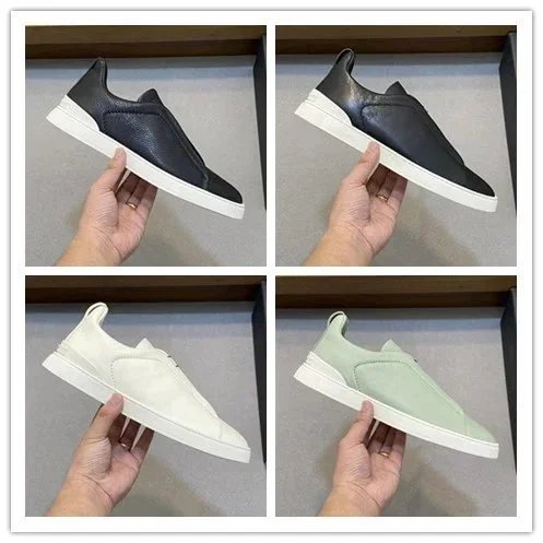 Zegna Triple Stitch Sneakers Casual Leather Sneakers Black White Green