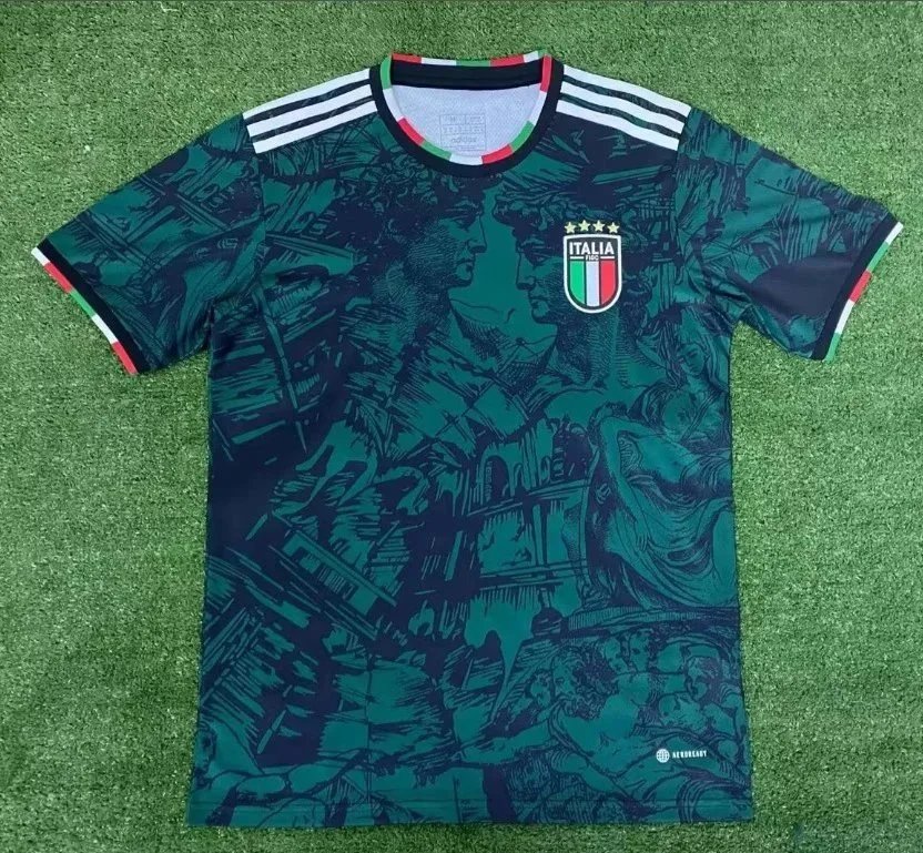 Italy’s pre-match training jersey is green.