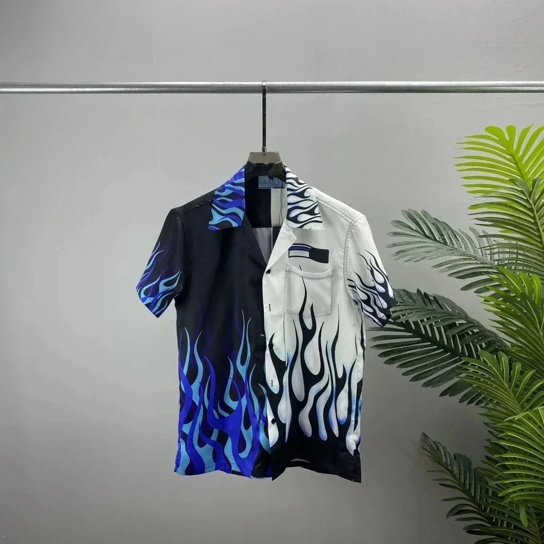 Prada Flame Print Bowling Shirt Casual Shirt Blue and White